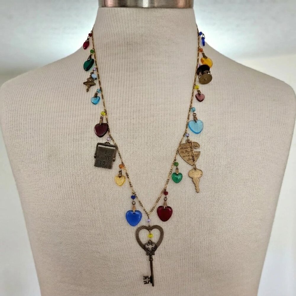 Glass Works Studio Heart Key Glass Charms Figaro Style Chain Necklace J541